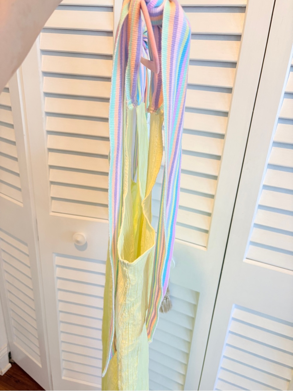 Pitusa Dress Gauzey Ribbon Tie Shoulders Midi Sundress Yellow Pastel Rainbow PS - Picture 5 of 8